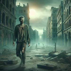 Eerie Post-Apocalyptic Cityscape with a Staggering Zombie