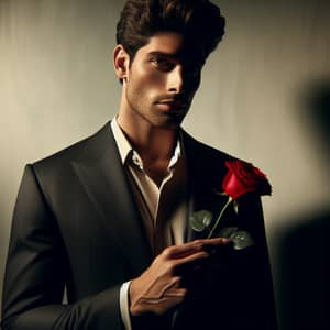 Hispanic Man Holding Red Rose | Emotive Portrait in Muted Tones