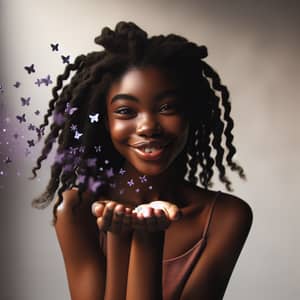 Black Girl Blowing Kisses with Enchanting Purple Shapes