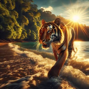 Bengal Tiger Gracefully Pacing Along Sea Edge