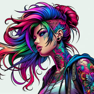 Vibrant Cyberpunk Comic Art: Young Woman with Tattoos