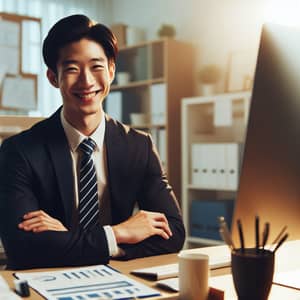 Asian Businessman in Office: Success and Satisfaction