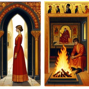 Opulent Byzantine Style Image - Woman in Red Dress Near King by Fire