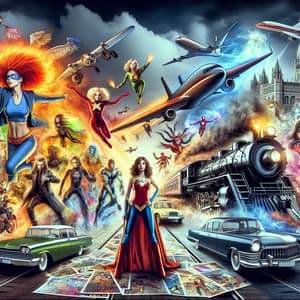 Dynamic Superhero Gathering with Flaming Red-Haired Girl and Unique Costumes