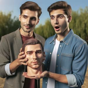 Caucasian Man Presents Replica Head to Middle-Eastern Man