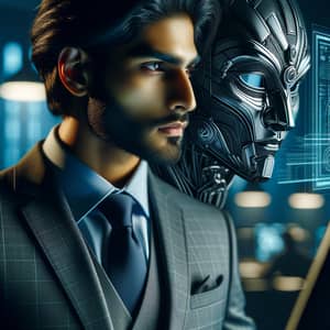Sophisticated South Asian Man in Futuristic Setting | Intriguing Mask