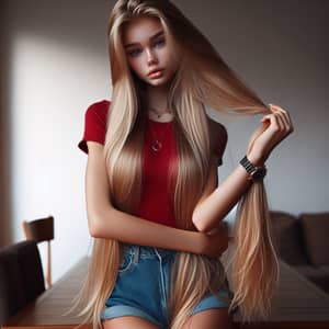 Melancholic Teenage Caucasian Girl with Rapunzel-like Blonde Hair Crying in Room