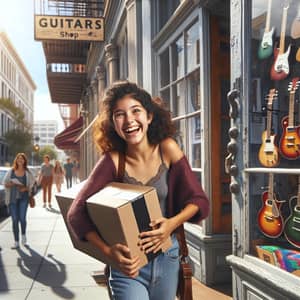 Ecstatic Hispanic Teenage Girl Leaving Bustling Guitar Shop