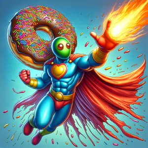 Eccentric Donut Superhero with Colorful Sprinkles Shooting Fireball