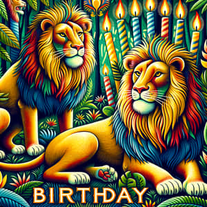 Vibrant & Colorful Birthday Poster with Majestic Lions - Henri Rousseau Inspired