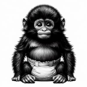 Adorable Chubby Monkey with Diaper in Black and White