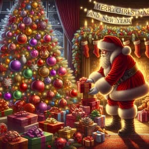 Festive Christmas Scene with Santa, Gifts & Twinkling Lights