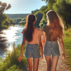 Young Girls Walking to a River: Summer Adventure