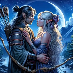 Romantic Samurai & High Elf Archer Love Scene Under Starry Sky