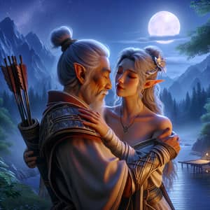 Brave Samurai Embraces Beautiful High Elf Archer Under Moonlight