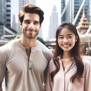 Casual Man with Youthful Asian Woman in Vibrant City