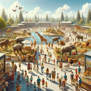 Vibrant Daytime Zoo Scene with Diverse Animals and Visitors