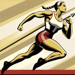 Athletic Caucasian Girl Running with Spear | Bold USSR Poster Style Art