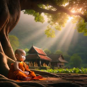 Peaceful Meditation of Young Buddhist Monk in Nature