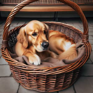Adorable Golden Retriever in Wicker Basket