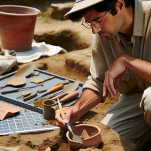 Experienced South Asian Male Archaeologist Unearthing Artifacts