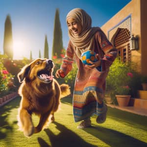 Joyful Middle-Eastern Girl Playing with Brown Dog in Sunlit Garden