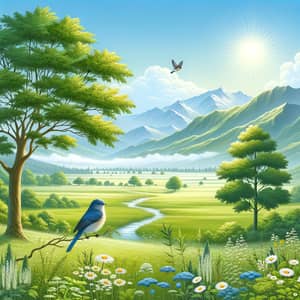 Tranquil Meadow Landscape with Majestic Mountains | Nature Scene