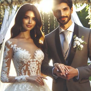 Romantic Wedding Scene with Fair-skinned Bride and Hispanic Groom