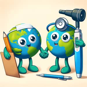 Unity of Education and Medicine: Cartoon Earths Holding Hands