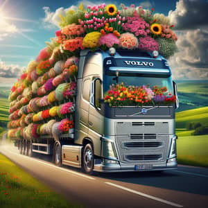Colorful Flowers Loaded Euro Truck | Tranquil Countryside Scene