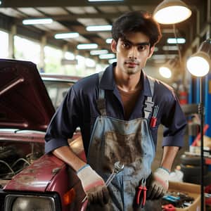 Experienced South Asian Male Mechanic in Blue Uniform Working on Vintage Red Sedan