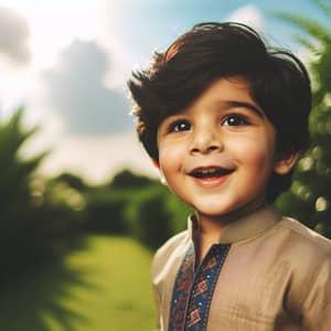 Joyous Indian Boy Playing Outdoors | Lush Greenery & Sunny Sky