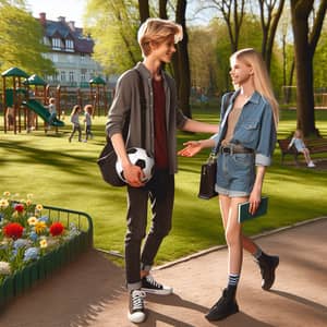 Young Blonde Boy and Girl Meet in Park - Joyful Encounter