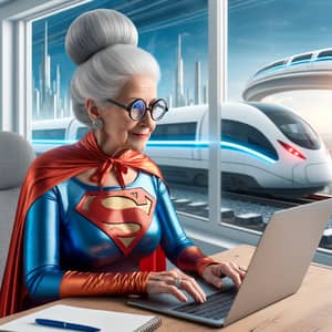 Elderly Woman in Superhero Costume at Laptop | Futuristic Trains Vista
