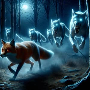 Eerie Night Scene: Fox Chased by Ghostly White Hounds