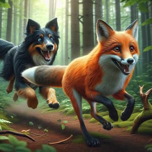Sly Fox Chased by Dogs in Lush Forest - Wildlife Scene