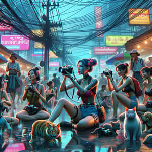 Cyberpunk Bangkok: Female Tourists at Songkran Festival