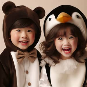 Innocent Charm: Asian Boy in Bear Costume & Hispanic Girl in Penguin Outfit
