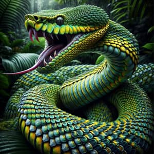 Vibrant Coiled Serpent in Lush Rainforest | Exotic Wildlife Encounter