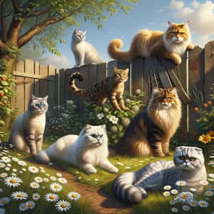 Outdoor Scene with Five Beautiful Cats on Sunny Day