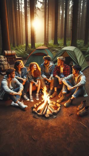 Youthful Camaraderie by the Campfire: Adventure in the Woods