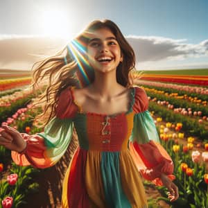 Teenage Girl Dancing Among Colorful Tulips on Sunny Day