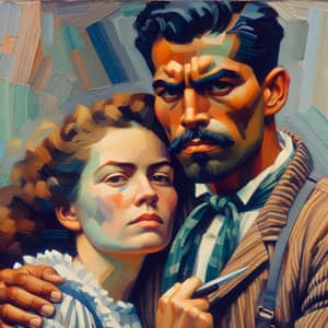 Hispanic Man Embracing Caucasian Woman - Romantic Oil Painting