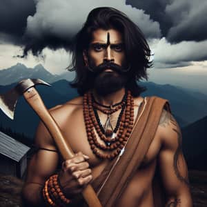 Aesthetic Angry Man with Black Moustache and Beard Holding Axe in Rishi Style