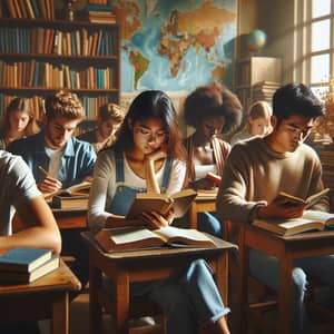 Diverse Group of Students Engrossed in Books | Classroom Setting