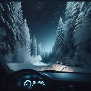 Winter Night Forest View | Serene Moonlit Car Ride