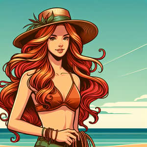 Youthful Female Adventurer with Vibrant Orange Hair on Sunny Beach