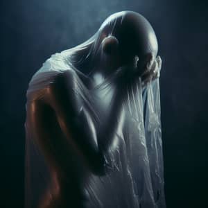 Sad Human-Like Figure Draped in Melted Plastic | Emotive Scene