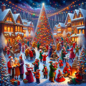 Festive Winter Holiday Scene - Vibrant Oil Painting