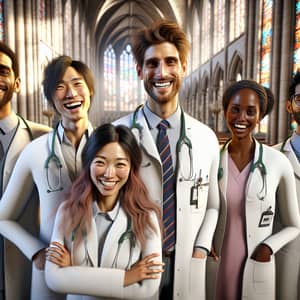 Diverse Group of Doctors Celebrating in a Gothic Church